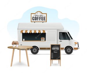 Realistic coffee shop food truck template with table and menu board vector illustration