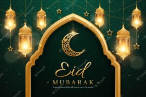 Realistic eid mubarak background with candles and moon