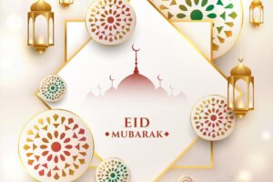 Realistic eid mubarak wishes greeting with islamic decorations