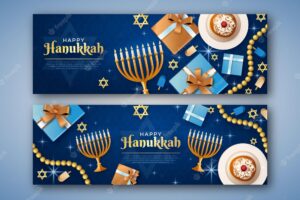 Realistic hanukkah horizontal banners set