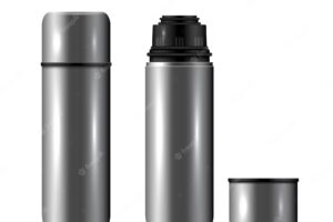 Realistic isolated thermos flask cup composition silver metal closed and open lid vector illustration