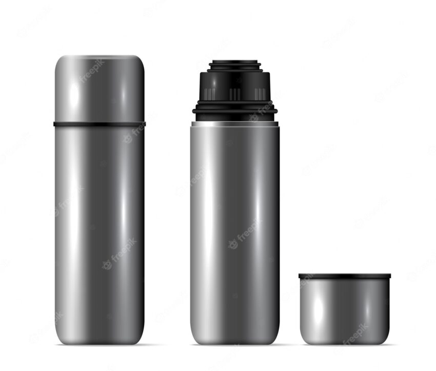 Realistic isolated thermos flask cup composition silver metal closed and open lid vector illustration
