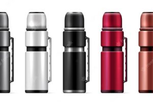 Realistic isolated thermos icon set silver white black red bronze metallized thermoses vector illustration
