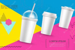 Realistic paper fast food cups template for soda coffee milkshake on trendy colorful geometric illustration