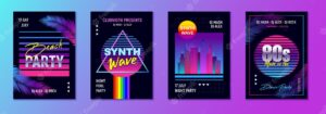 Realistic retro wave party set of four vertical posters with event advertising text