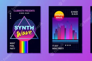 Realistic retro wave party set of four vertical posters with event advertising text