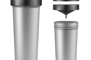 Realistic silver empty protein bottle, mixer or shaker