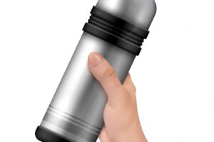 Realistic thermos hand concept closed silver thermos in hand on white background vector illustration