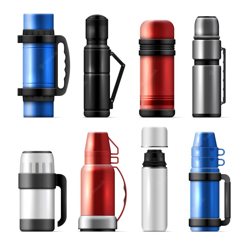 Realistic thermos icon set stylish urban hiking thermoses in different colors and sizes vector illustration
