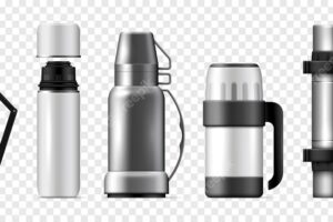 Realistic thermos transparent icon set various thermoses large and small white black and gray vector illustration