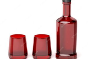 Red glass bottle and two glasses
