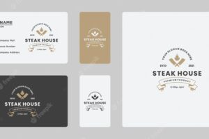 Retro steak house with ribbon logo design template