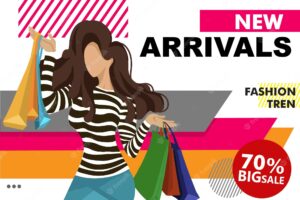 Sale promotion banner with shopping woman flat illustration template vector