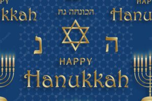 Seamless pattern with happy hanukkah symbols on blue color background for happy hanukkah day, flyers, poster and banner, (translate : hag ha hanukka)