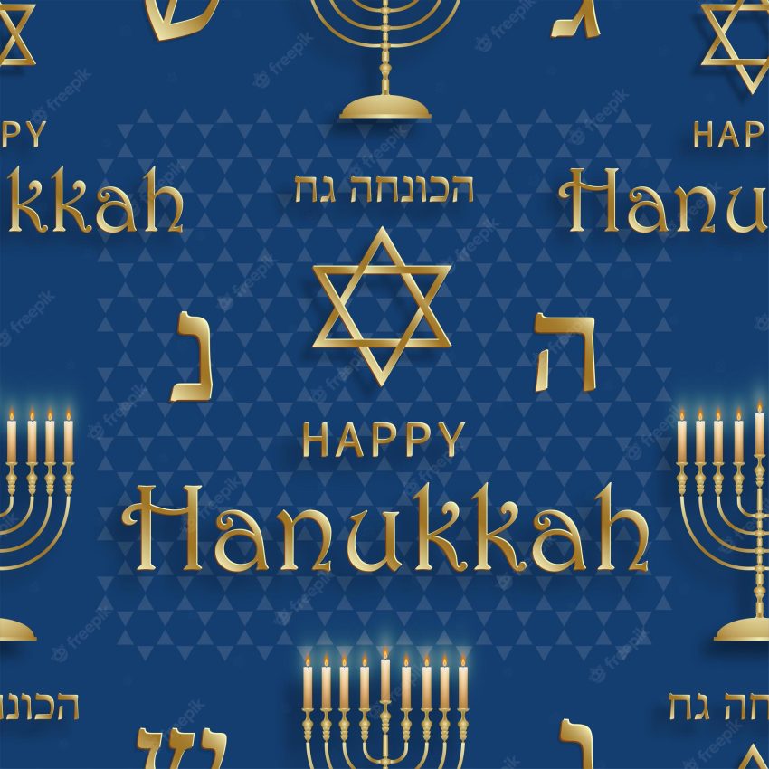 Seamless pattern with happy hanukkah symbols on blue color background for happy hanukkah day, flyers, poster and banner, (translate : hag ha hanukka)