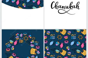 Set of chanukah design elements in doodle style. traditional attributes of the menorah, dreidel, oil, torah, donut. round frame, seamless pattern, hand lettering