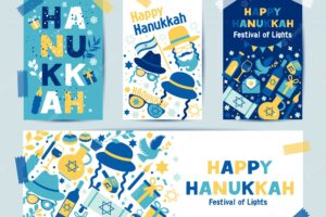 Set of colors four hanukkah greeting cards  layout for festival of lights invitation