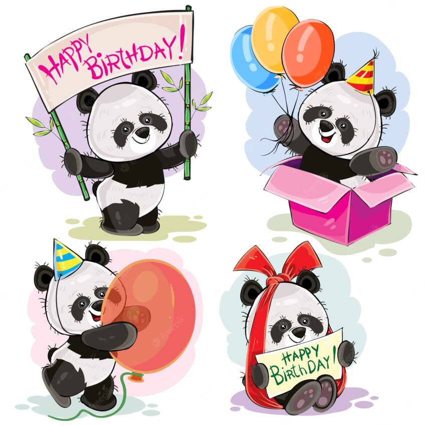 Set of cute baby panda bears with happy birthday banner, with bow and greeting card