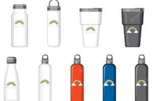 Set of different thermo bottles with rainbow pattern