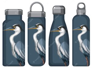 Set of different thermos bottles with blue pelican pattern