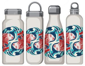 Set of different white thermos bottles koi carp pattern