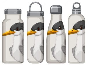 Set of different white thermos bottles with bird pattern