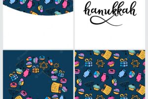 Set of hanukkah design elements in doodle style. traditional attributes of the menorah, dreidel, oil, torah, donut. round frame, seamless pattern, hand lettering