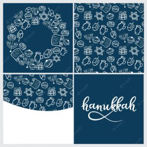 Set of hanukkah traditional attributes of the menorah, dreidel, oil, torah, donut . round frame, seamless pattern in doodle style, hand lettering