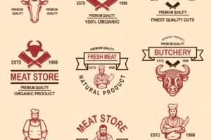 Set of meat store, butchery emblems. design element for logo, label, sign, poster, banner. v