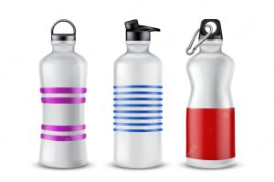 Set of striped plastic bottles with lids for drinks, isolated on background.
