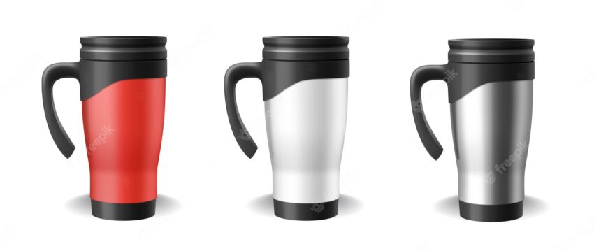 Set of thermo cups realistic blank templates in red, white and silver. 3d travel mug and thermos for hot drinks isolated on white background. vector illustration