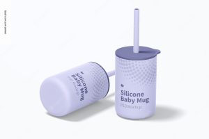 Silicone baby mugs with lid mockup, perspective