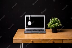 Simple wood desk with laptop and plant