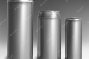 Sliver aluminium cans different sizes for soda, beer, energy drink, cola, juice or lemonade isolated on gray background. vector realistic mockup, template of metal tin can for cold beverage front view