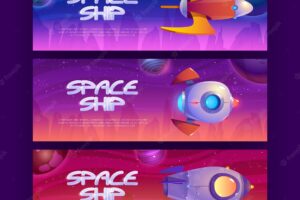 Space ship cartoon banners with rockets flying in cosmos with alien planets and stars graphic design flyers with fantasy shuttles computer game cosmic funny spacecrafts vector illustration set