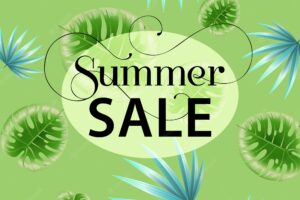 Summer sale green promo poster with tropical leaf pattern.