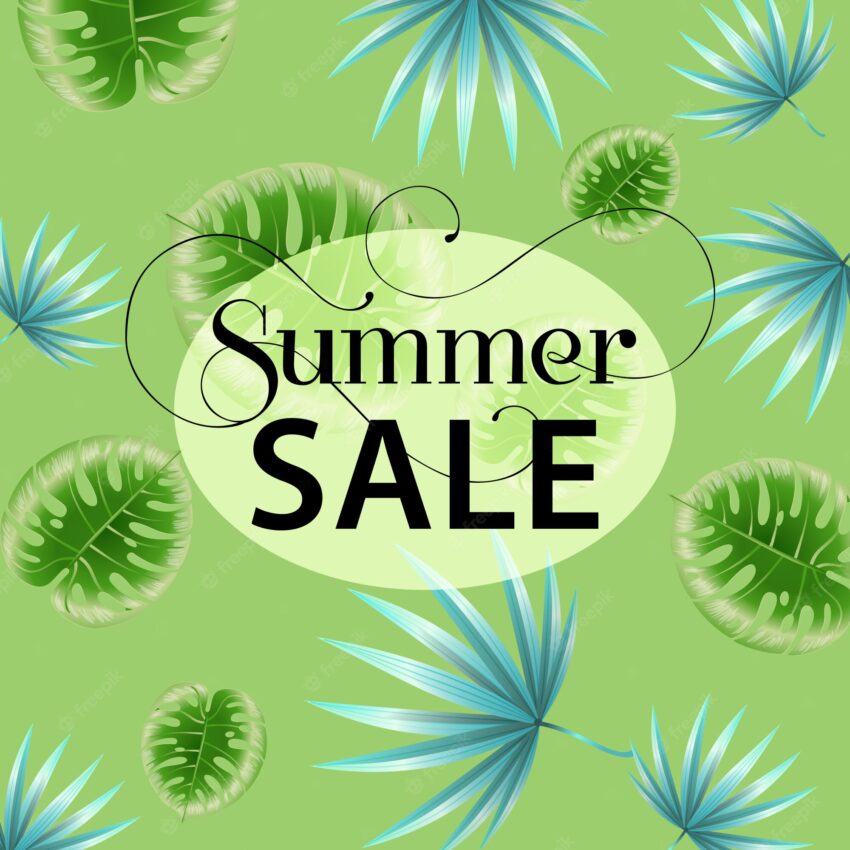 Summer sale green promo poster with tropical leaf pattern.