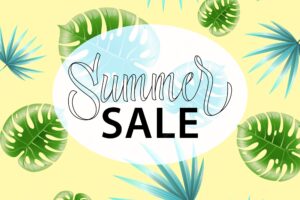 Summer sale. promo poster with tropical leaf pattern on yellow background