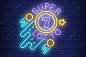 Super lotto neon sign. ball with figure of seven, circles and star on brick background