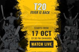 T20 fever is back based poster design with cricket players on yellow and black brush effect background.