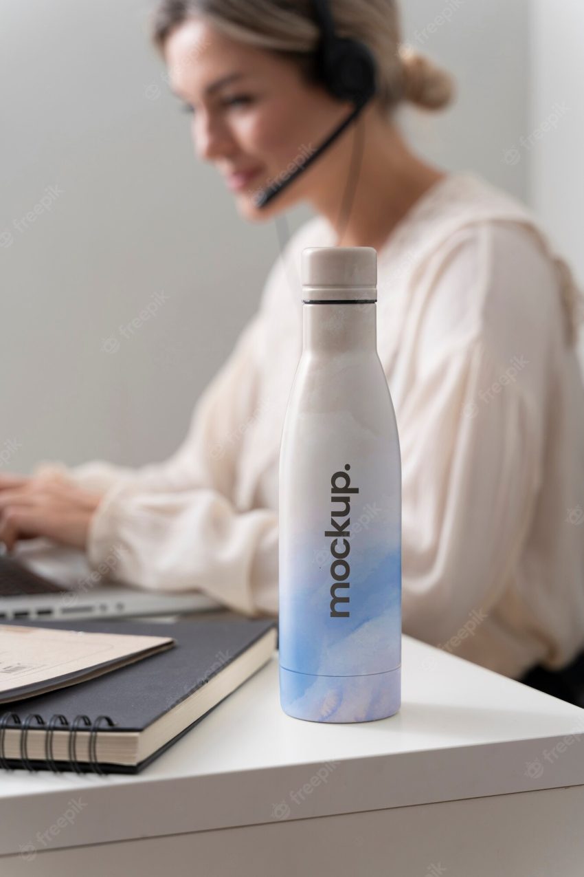 Thermos mockup on office table