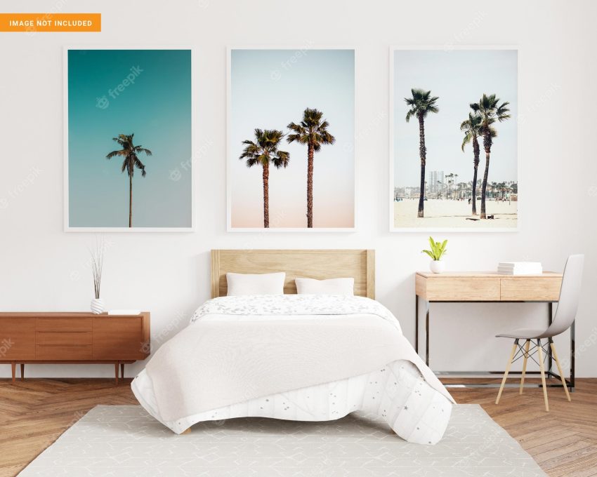 Three blank photo frame for mockup in white bedroom in 3d rendering