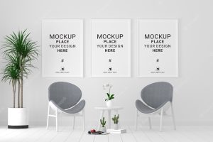 Three blank photo frames for mockup in living room, template psd.