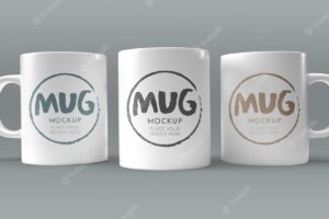 Three white mugs mockup