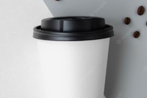 Top view arrangement with coffee cup mock-up