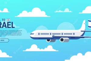 Travel to israel poster with flying plane and national flag banner for travel agency vector illustration