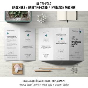 Trifold brochure or invitation mockup still life concept