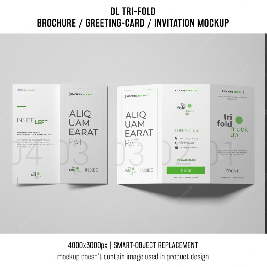 Trifold brochure or invitation mockup on white background