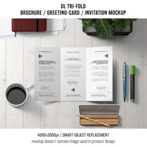Trifold brochure or invitation mockup with still life concept