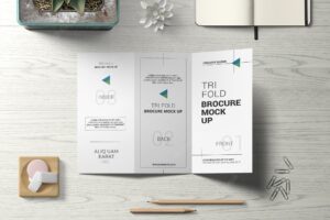 Trifold brochure or invitation mockup with still life concept